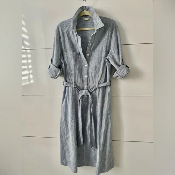 Max Studio Midi Striped Blue Linen Blend Shirtdress XS Max Studio Midi Striped Blue Linen Blend Shirtdress XS